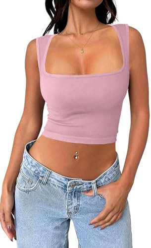 Cuptacc Canottiera da donna estiva 2024 con scollo quadrato a crop top sexy senza costruzione top leggero fitness sport top, rosa chiaro, S