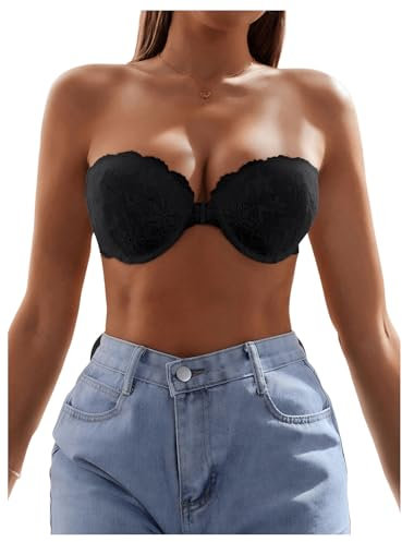 GORGLITTER Women's Strapless Underwire Front Fastening Bras Scalloped Lace Bandeau Bras Black 40B