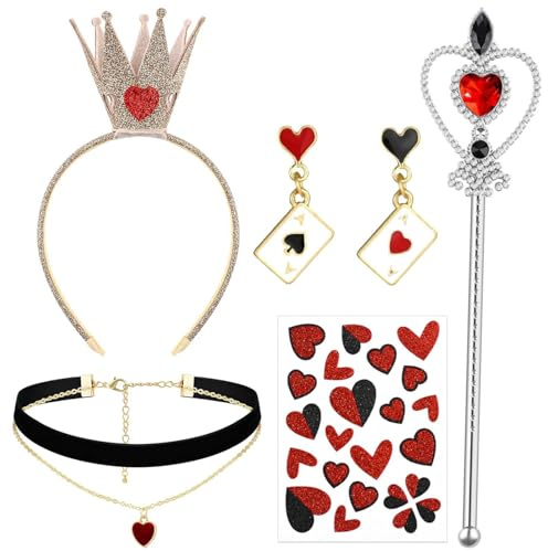 Kavoc 5-teiliges Queen-Kostüm-Zubehör inklusive Kronen-Stirnband, Herz-Strass-Stab, Aufkleber, rote Herz-Ohrringe und Halskette