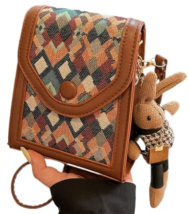 PLGMAUYT Handytasche zum umhängen Fashion Vertikale Crossbody Tasche Für Frauen Beliebte Tasche Ins Nische Eine Schulter Handy Tasche Plaid Tasche Für Frauen-Green+Western Stil Kaninchen Anhänger