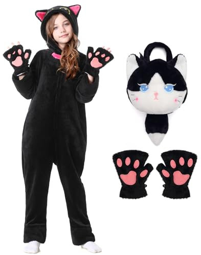 Heionia Costume Gatto Bambina Vestito Gattino Bambini Pigiama Animale Tuta Costumi Gatti Cosplay Carnevale Halloween per Ragazza (Nero, 130)