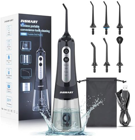 INSMART Water Flosser for Teeth Cordless, 300ML Electric Dental Flosser 4 Modes & 6 Jet Tips for Oral Care, Rechargeable Floss DIY Mode IPX7 Waterproof, Portable Oral Irrigator for Travel and Home
