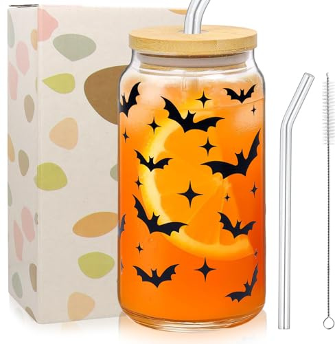 Taza Halloween, Vasos Halloween, Vaso Cristal con Tapa y Pajita, 500 Ml, patrón de murciélago extraño, Reutilizable, Adecuado Para Fiestas, Bares, Reuniones Familiares, Adecuados Para Café, Bebidas