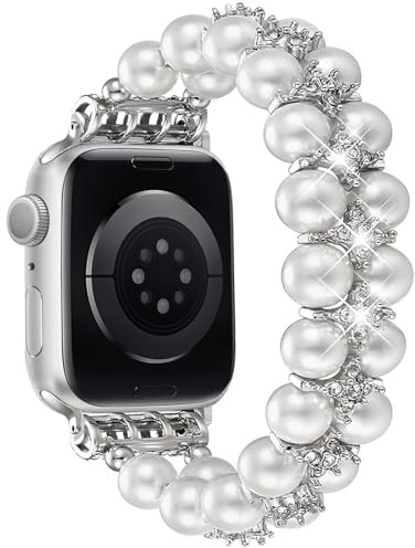 DEALELE Armband Perle Kompatibel mit Apple Watch 49mm/46mm/42mm/45mm/41mm/44mm/40mm/38mm, Gilizter Strass Schmuck Perlen Elastisches Armbänder für iWatch 10 9 8 7 6 5 4 3 2 SE Ultra Herren