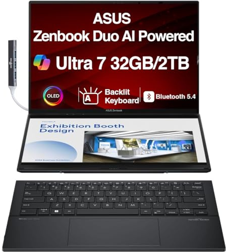 ASUS Zenbook Duo 14 2-in-1 2.8K OLED Touchscreen Laptop (Intel Ultra 7-255H, 32GB LPDDR5X, 2TB PCIe SSD, Backlit KB, 2 Thunderbolt 4, WiFi 7, Win 11 Home) with Expander