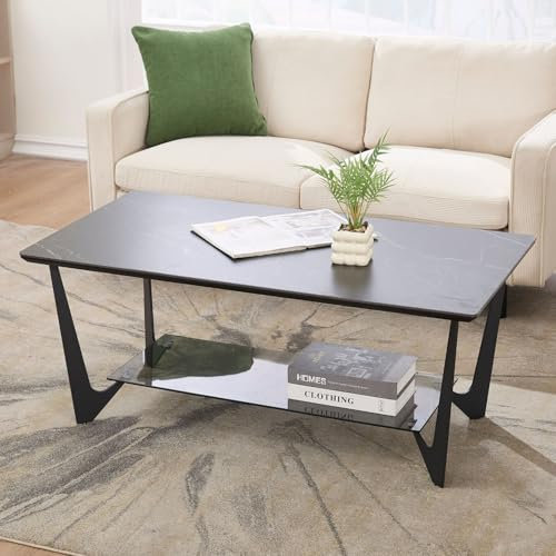 Ya-Home Couchtisch aus Metall Kaffeetisch mit Keramikoberfläche modern Sofatisch quadratisch mit Glasablage für Wohnzimmer, 46x100x60cm (HxBxT), Schwarz