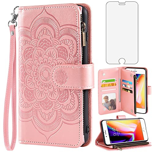 Phone Case for iPhone 7/8/SE 2020/2022 Wallet Cover with Screen Protector Flower Flip Card Holder Cell iPhone7 iPhone8 7s 8s i SE2020 SE2022 2/2nd/3/3rd Generation SE2 SE3 7SE 8SE Women Men Rose Gold