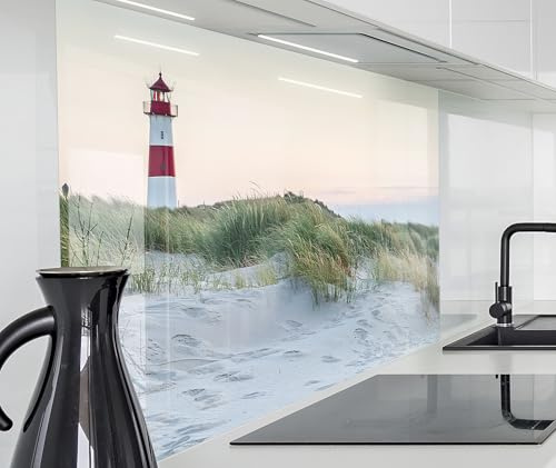 timalo Küchenrückwand Glasoptik | 80 x 50 cm Leuchtturm Nordsee Ostsee Meer Dünen | Acryl Glas 2mm | Spritzschutz Wand für Herd, Küche Glasrückwand Acrylglas Wandpaneele Rückwandschutz Platte