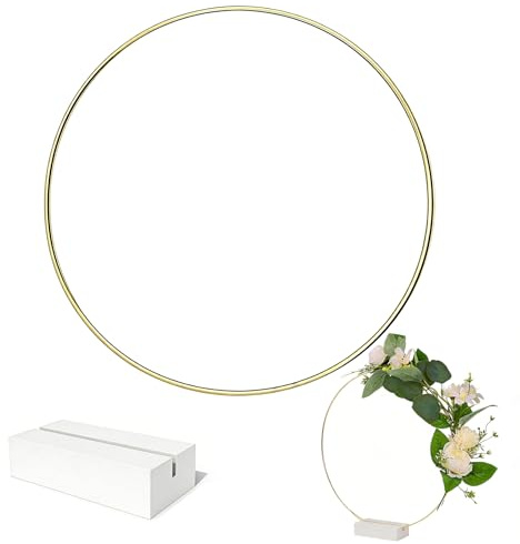Metallringe zum Basteln mit Weiß Holzständern, 20 cm Metallring mit Fuß, 1 Set Golden Dekoring mit Fuß, Deko Ringe für DIY Handwerk, Hochzeitstischdekoration, Wanddeko (1)