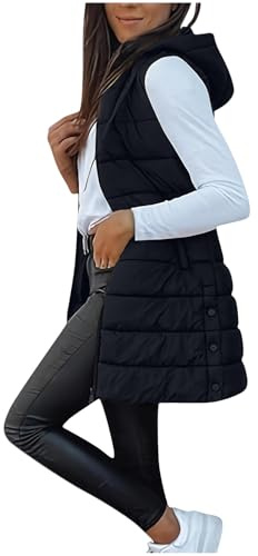OVARA Womens's Qulited Gilet Longline Full Zip Hooded Padded Vest Outdoor Thermal Long Puffer Gilets Ladies Body Warmer Sleeveless Winter Jacket with Pockets