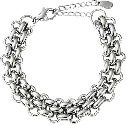 SAGA GIOIELLI® Bracciale donna a catena intrecciata striata argentata in Acciaio inox – Lunghezza 18+5,5 cm Confezione Regalo Spessore 13 mm