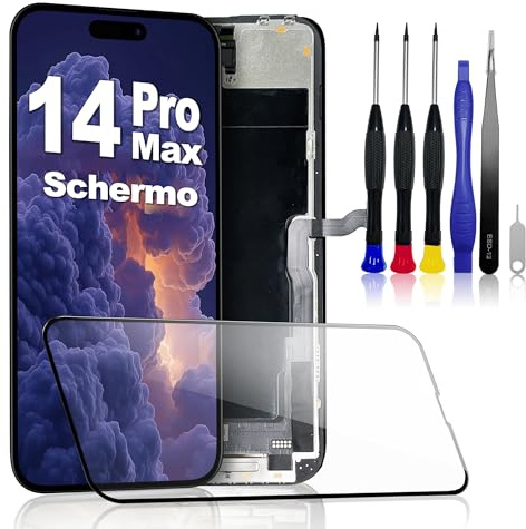 PartageFix Display für iPhone 14 Pro Max – Ersatz-Set für 6,7 Zoll FHD LCD-Bildschirm + Digitizer + Rahmen – kompatibel mit Modellen A2651/A2893/A2896/A2895/A2894 (True Tone programmierbar)