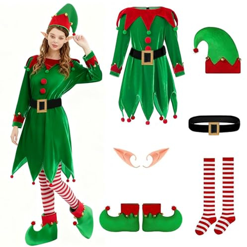 DERJLY Weihnachtliches Frauenkostüm: 6er-Pack Weihnachtsmann-Helfer-Outfit, Samtkleid mit Hut, Ohren, Schuhen, Gürtelsocken
