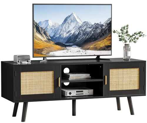 Skokliz TV Unit, 120cm TV Stand Cabinet for TVs up to 55inch | Rattan TV Table with 2 Doors and 2 Open Shelves, Boho Media TV Cabinet for Living Room, Console Table for Bedroom, Black