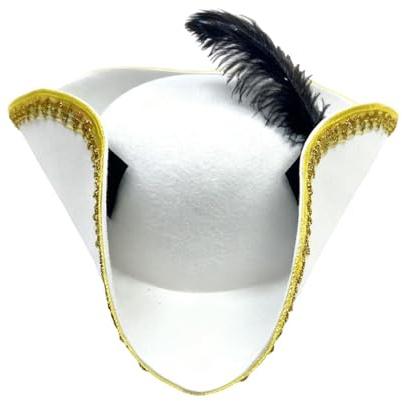 Rockiger Piratenhut für Erwachsene, Cowboyhut für Karnevalskostüme, Dreispitz, König der Diebe-Kappe mit Feder, Kolonial- und Mittelalter-Accessoire für Karneval, Mottoparty, Halloween, Weiß
