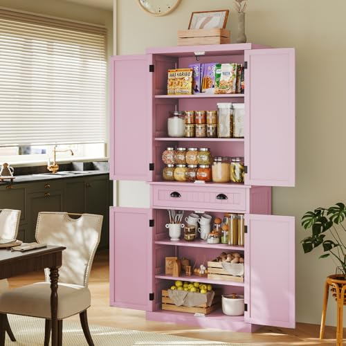 HOLTICO Küchenschrank, Hochschrank Küchenbuffet Buffetschrank, Esszimmerschrank, Vorratsschrank mit Türen und Regalen für Esszimmer, küche, Wohnzimmer, Waschküche,Rosa