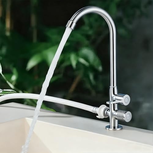 XSDSM Garten Wasserhahn Mischbatterie mit G1/2 Schnittstelle Doppelauslauf Wasserhahn für Außen Frostsicher Einzelner Kaltwasserhahn,Verchromt