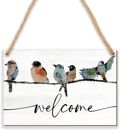 8''x12'' Door Welcome Hanging Sign - Birds Farmhouse Front Door Wooden Plaque - Door Decoration Hanging Sign for Home Office Outdoor Indoor - Rustic Favors For Women Men Friends Family -A01