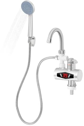 LCD Elektrischer Durchlauferhitzer Wasserhahn, Edelstahl Küchenarmatur Sofort Heizung Armatur mit Dusche, für Garten Garage Outdoor Dusche Werkstatt Camping Wohnwagen