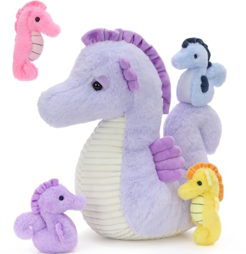 MorisMos Grande Cavalluccio marino Teddy Giocattolo Morbido, Mamma Da 35 Cm Con 4 Cuddly Bambino All'Interno, Animale In Peluche In Peluche, Kawaii Regali Per Bambini Deco Festa Di Compleanno