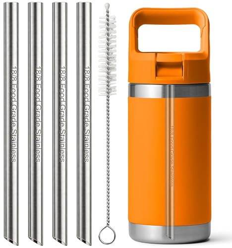 Sipcupmate Metal Straw Replacement for Yeti Rambler Jr. Kids 12oz Bottle | 4 Pack Stainless Steel Reusable Straws, Includes 1 Cleaning Brush, Ideal for Barware Drinks
