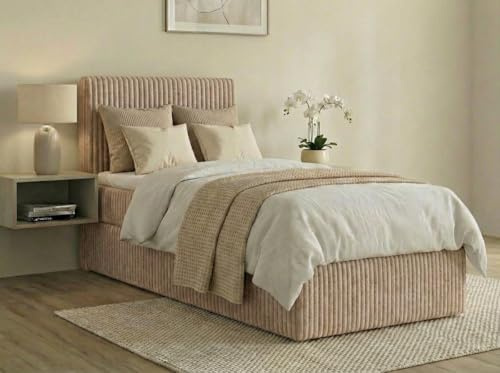 A&J MöbelLand Boxspringbett RALF 100x200 mit Bettkasten und Topper – Bonellmatratze H4 – Stauraum Links – Beige