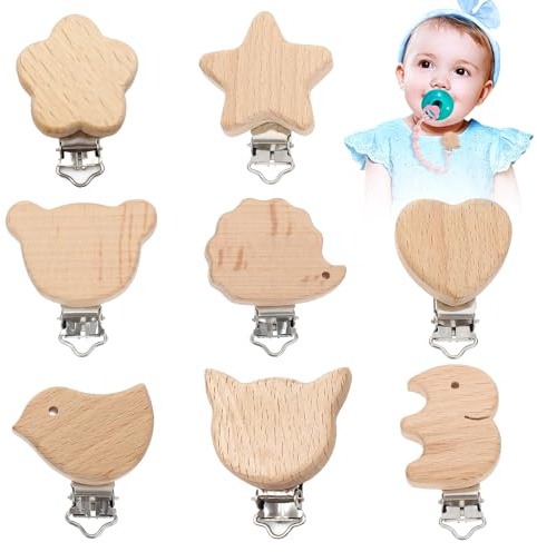 8 Pcs Pinzas Para Chupeteros Chupetero Personalizado Sujeta Chupetes Pinza Para Chupete Madera Pinzas Chupete Personalizado Varios Diseños Adorables Resistente Al Sudor Y La Saliva Múltiples Usos