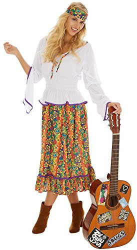 dressforfun Frauenkostüm Lady Love & Peace | Oberteil mit lila Borte || Langer Rock mit Blumenprint || inklusive Haarband - XXL