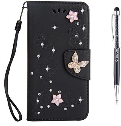 Grandoin iPhone 8 Hülle,iPhone 7 Hülle, Bling Glitzer Glitter Handyhülle im Brieftasche-Stil für Apple iPhone 7/iPhone 8 Handytasche PU Leder Flip Cover Case Schutzhülle Etui Case (Schwarz)