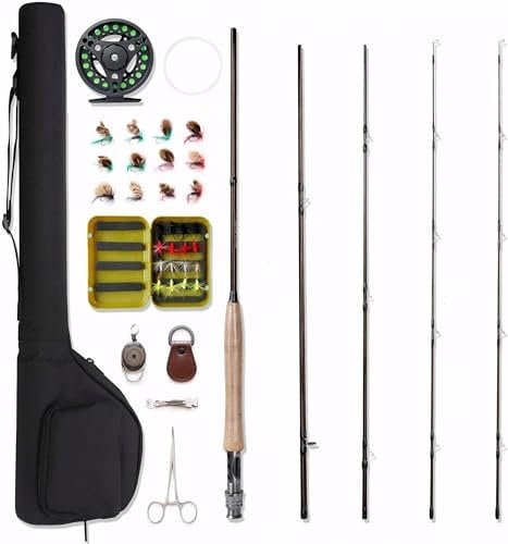 NetAngler Fliegenfischrute und Angelrolle, 4-teilig, 5 W, Aluminium, Fliegenrolle, 28-teiliges Fliegen-Set mit kostenloser Rutenspitze, Rückseite und Stofftragetasche