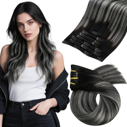 Moresoo Clip in Extensions Echthaar, Salon Qualität Weiches Glattes Haar 45 cm 7 Stück 120g Extensions Clip in #1B/S/1B Schwarz bis Silber mit Naturschwarz, Leicht zu Tragen Solide und Langlebig