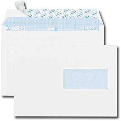 Packung mit 50 Briefumschlägen, weiß, C5, 162 x 229 cm, 80 g/m², Fenster, 45 x 100 cm, Schutzstreifen