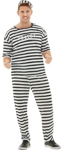 Funidelia Disfraz de prisionero para hombre, Incluye camiseta, pantalón y gorra, Ladrón, Preso - Traje para adultos para fiestas, Carnaval y Halloween - Talla M