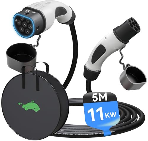HiEVcar Cavo di Ricarica EV Tipo 2 a Tipo 2 16A Monofase per Type 2 Veicoli elettrici, mennekes Tipo 2,IEC 62196-2, 22KW(5 Metri, 16A/32A) (T2-T2 16A 3.7KW)