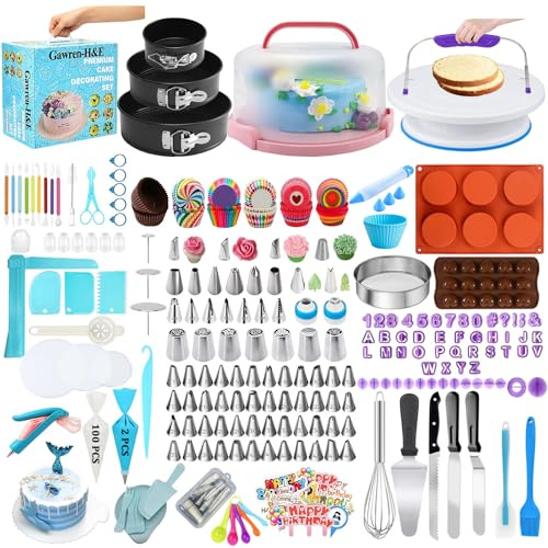 Gawren-H&E Kit per decorazione torte, 678 pezzi, accessori da forno con strumenti di decorazione, supporto per torte, giradischi, sac à poche e 74 punte, teglie a molla, kit di forniture per