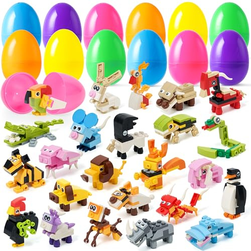 JOYIN 24er-Pack gefüllte Ostereier mit Spielzeug, niedliche Tier-Bausteine ​​(8,2 cm) – ideal als Ostereierfüller, Mitgebsel für Kindergeburtstage, Ostereiersuche und für Schulveranstaltungen