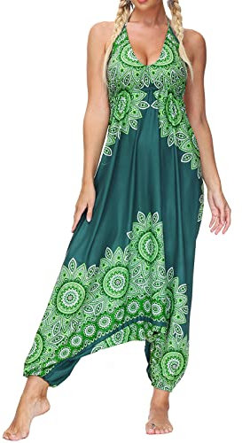 Nuofengkudu Damen Blumen Boho Jumpsuit V Ausschnitt Rückenfrei Overall Leichte Sommerkleid Playsuits Strandkleid Sommeroutfit Einheitsgröße S-Grün Blume B
