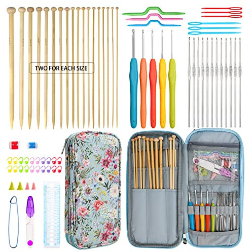 KOKNIT 36 PCS Straight Single Pointed Bamboo Knitting Needles Set,5 Crochet Hooks with Ergonomic Soft Grip,12 PCS Smooth Lace Crochet Hooks,Knitting Supplies Crochet Tools and Accessories