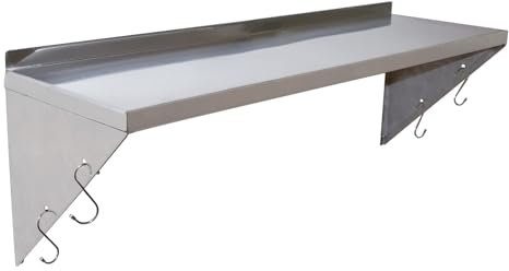 TAIMIKO Stainless Steel Wall Shelf - Commercial Kitchen & Catering Shelves, Bathroom Shower Shelf, Corrosion Resistant with Wall Mount Brackets and 5 Hooks (100x30cm)