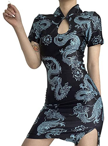 Robe chemise Cheongsam chinoise à manches courtes pour femme – Robe de bal sexy avec fente latérale – Robe moulante à dos nu de dragon – Costume d'Halloween (as8, alpha, M, régulière, bleu, M)
