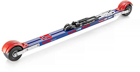 SRB Skiroller CR07+ Classic Premium Norwegen Edition inklusive Bindung, Rollski, Achsenabstand 710mm, Rad: 70mm Durchmesser und 45mm Breite, Aluminium Holm, Made in Germany, Skiroller blau, rot
