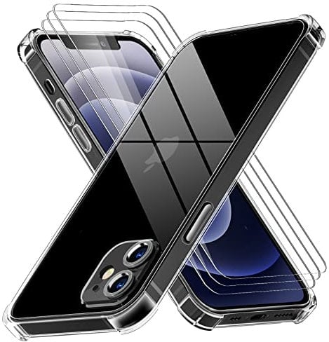 Giolus 4-in-1 Case for iPhone 12 with 3 Pack Screen Protector, Crystal Clear Shockproof Phone Case with Built-in Camera Lens Protector, Soft TPU Bumper Anti-Scratch Silicone Cover