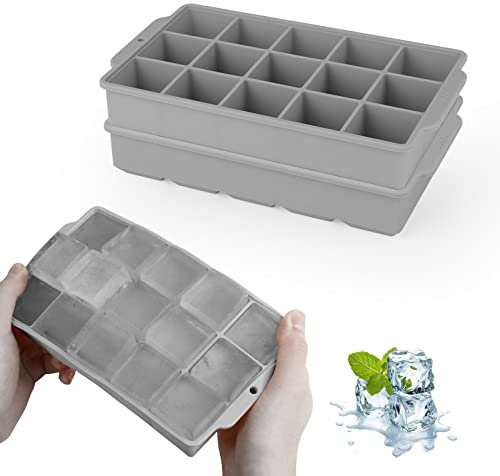 JOPHEK Ice Cube Tray, 2 Pieces, 30 Large Square Ice Cubes, Silicone, BPA Free, FDA Approved, 3.5 cm for Cocktails, Whisky, Wine, Fruit, Purees, Ice Cream, Iced Tea (Grey and Grey)
