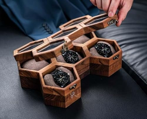Uhrenbox aus Holz für Herren – Luxus-Uhrenetui mit 5 Fächern und Wabenstruktur | Vitrine aus dunklem Palisanderglas | Elegante Uhrenvitrine aus Holz für Herren – Luxusgeschenk für ihn