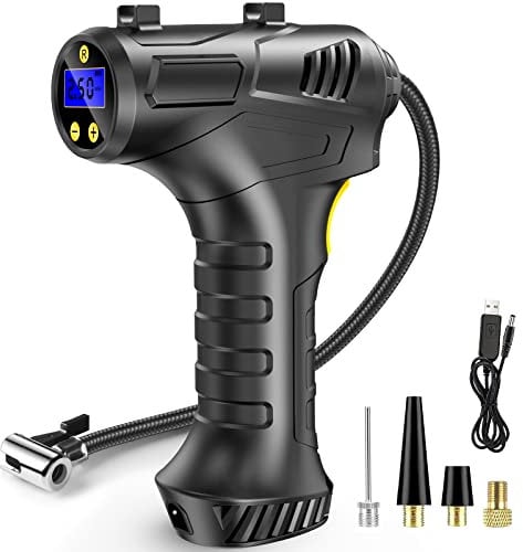 Skeufy Cordless Tyre Inflator Air Compressor, 12V USB Rechargeable Battery Portable Handheld Electric Digital Tyre Pump with LED Light and 3 Nozzle Adaptors for Car Motorcycle Bicycle