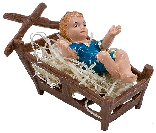 Jesuskind Figur in einer Krippe mit Stroh | Weihnachtskrippe | christliche Feiertagsdekoration | Hinzufügen zu Kreche oder Stall | handbemalte religiöse Wohnkultur | Made in Italy (blau)