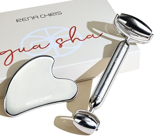 Rena Chris Gua Sha and Stainless Steel Facial Roller, Manual Facial Massager and GuaSha Tool, Sculpt Jawline and Reduce Puffiness, Skin Care Gift (Silver)