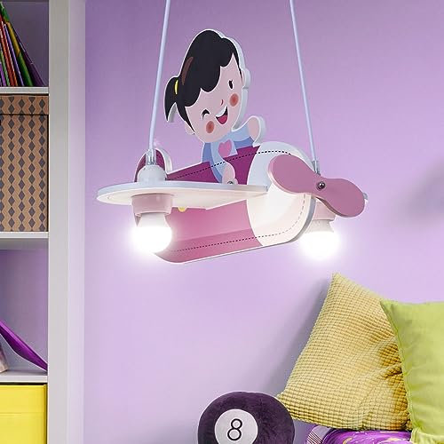 GLOBO Hängeleuchte Flugzeug pink Kinderleuchte hängend Pendelleuchte Kinderzimmer, Holz, 2x E27 Fassungen, LxBxH 43x40x120 cm