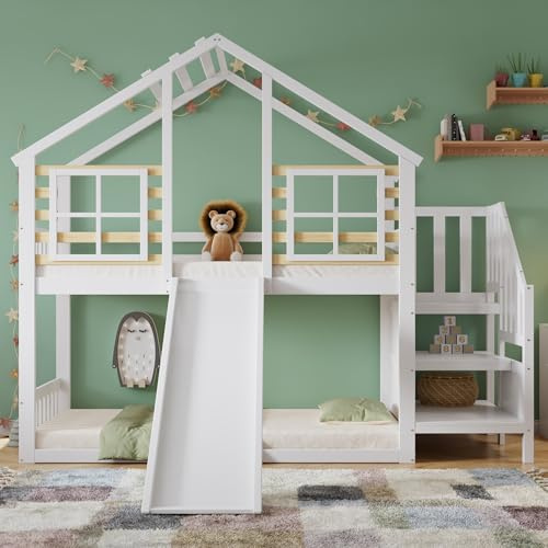 Dolamaní Hausbett Kinder 90x200 cm mit Rutsche und Treppe, Hochbett mit Absturzsicherung und Fenster, Schöne Kinderbett Bettrahmen, Holzbett, Weiß