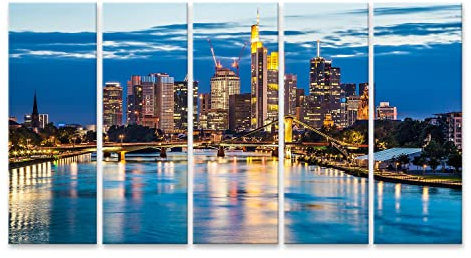 islandburner Bild auf Leinwand Schöne Aussicht Auf Frankfurt Am Main Skyline An Der Dämmerung Städte Leinwandbild Wandbild Prime Bilder für Wohnzimmer etc.